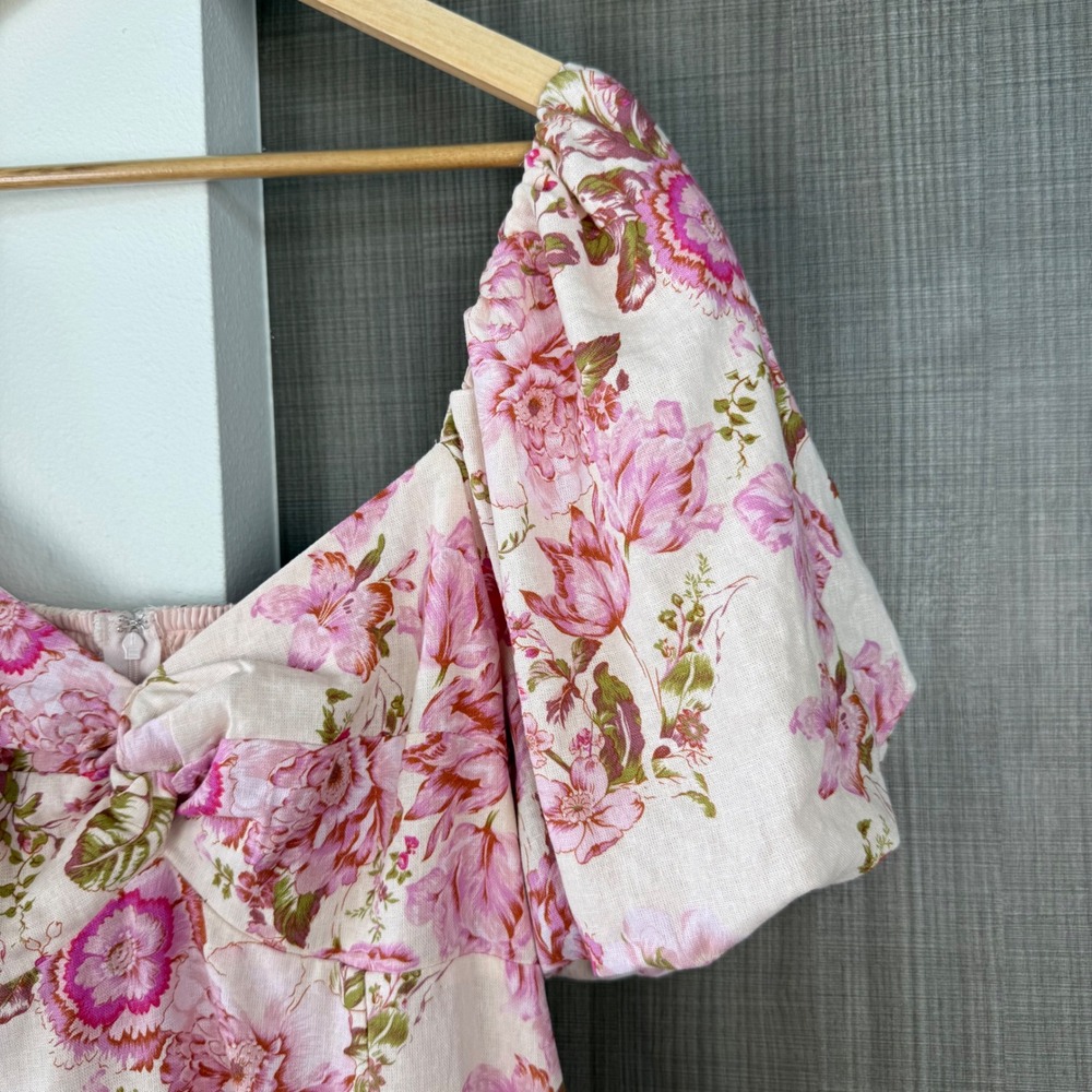 Avec Les Filles Pink Floral Print Puffed Sleeve Twist Bodice Midi Dress Size 12 - Picture 6 of 13
